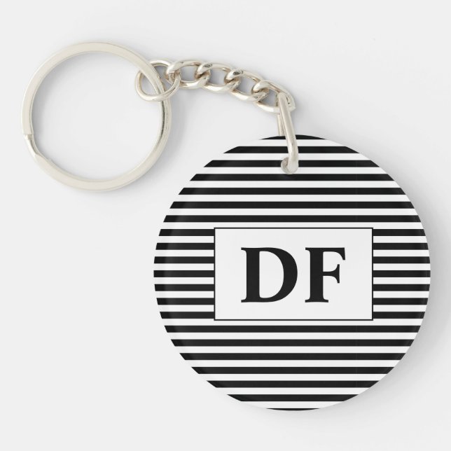 Custom Initial Black/White Stripes Keychain (Front)