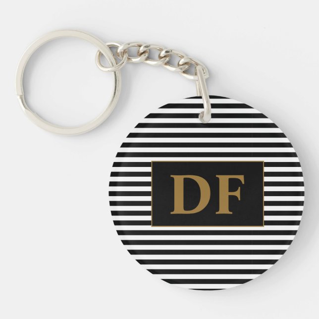 Custom Initial Black/White Stripes Keychain (Front)