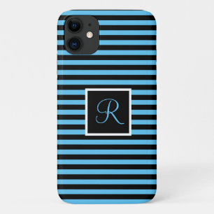 Custom Initial Blue and Black Striped iPhone 11 Case
