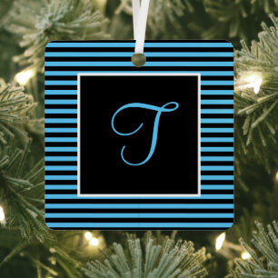 Custom Initial Blue and Black Striped  Metal Tree Decoration