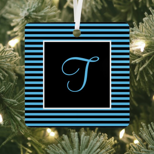 Custom Initial Blue and Black Striped  Metal Tree Decoration (Insitu)