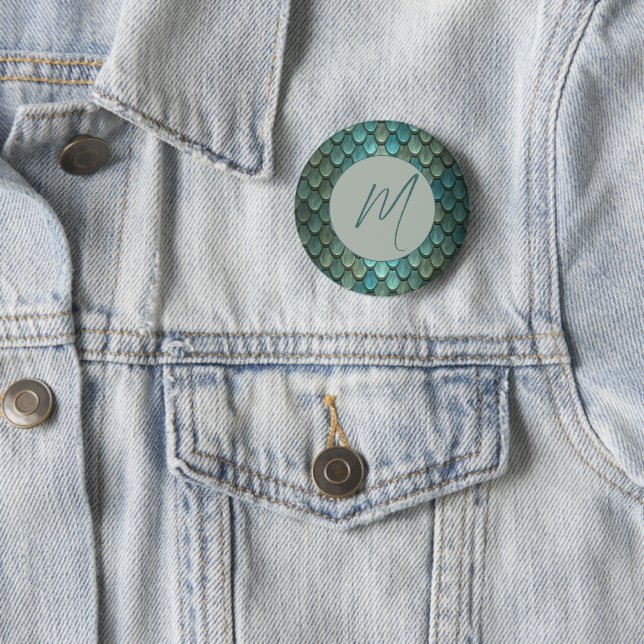 Custom initial blue scales textured 6 cm round badge (In Situ)