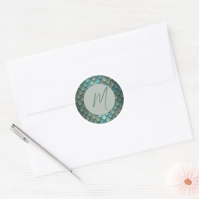 Custom initial blue scales textured classic round sticker (Envelope)
