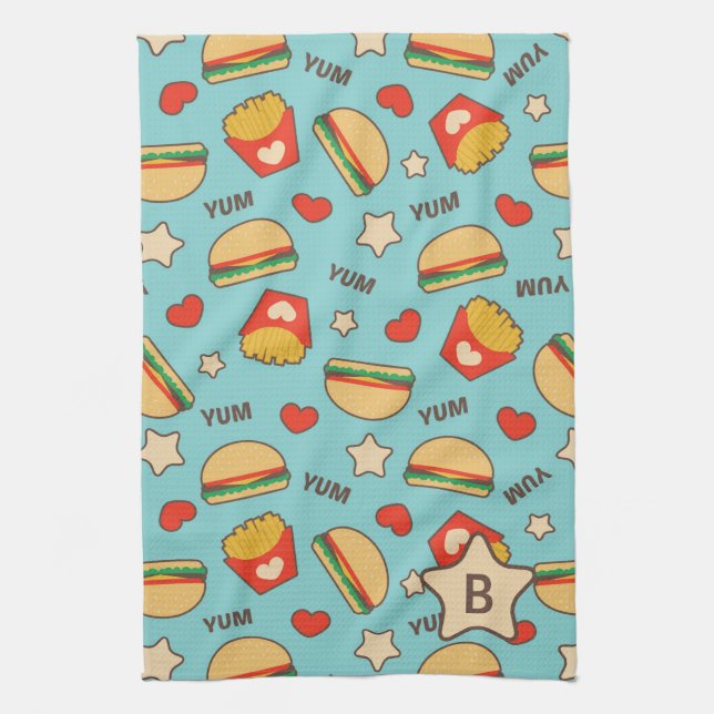 Custom Initial | Burger & Fries Pattern Tea Towel (Vertical)