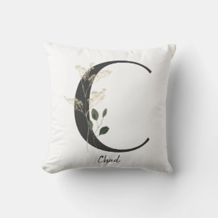 Custom Initial C Black and white with wild flower Cushion