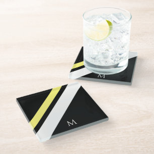 Custom initial diagonal lines black glass coaster