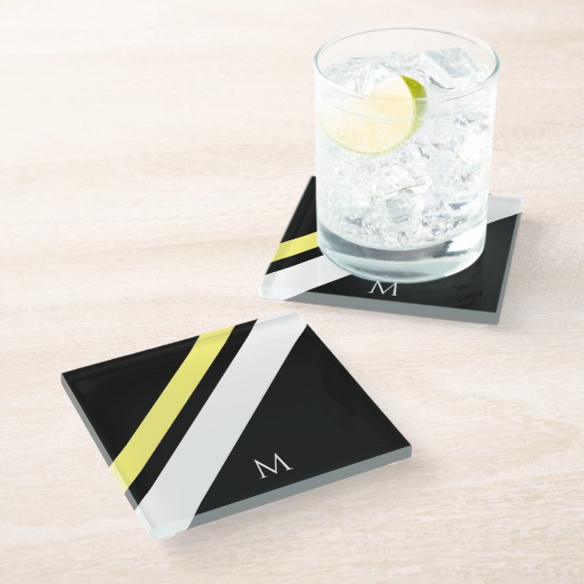 Custom initial diagonal lines black glass coaster (Angled)