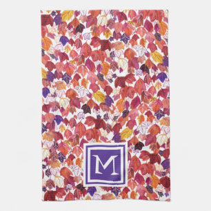 CUSTOM Initial Falling Leaves Watercolor Red Purpl Tea Towel