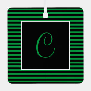 Custom Initial Green and Black Striped Metal Tree Decoration
