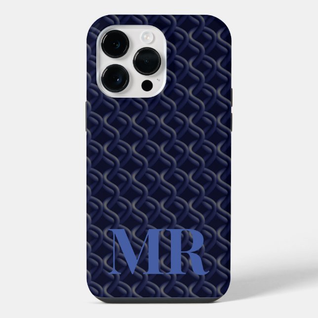 Custom Initial Large Modern Blue Lattice Rubber iPhone Case (Back)