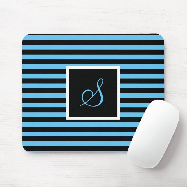 Custom Initial Letter Blue and Black Striped Mouse Pad (With Mouse)