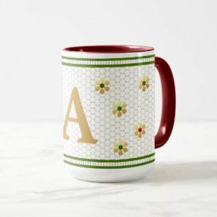 Custom Initial Letter Chic Gold Daisy Honeycomb Mug