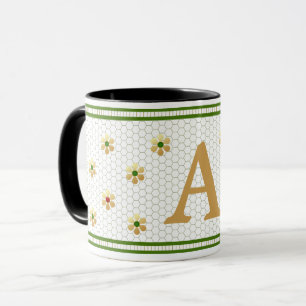 Custom Initial Letter Chic Gold Daisy Honeycomb Mug