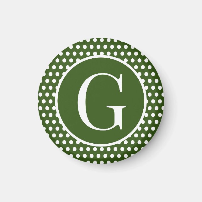 Custom initial letter Dark Green Polka Dots Magnet (Front)