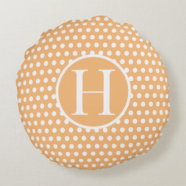 Custom initial letter Polka Dot Light Orange Round Cushion (Back)