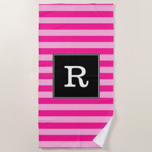 Custom Initial + Light Pink & Deep Pink Stripes Beach Towel
