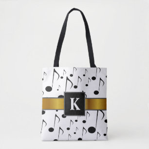 Custom Initial + Many Musical Notes Pattern Tote Bag