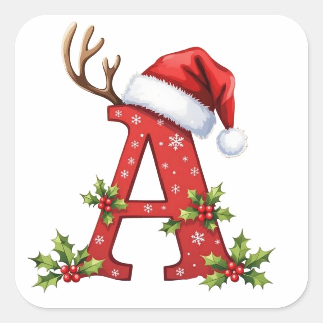 Custom initial monogram A reindeer Santa's hat  Square Sticker (Front)