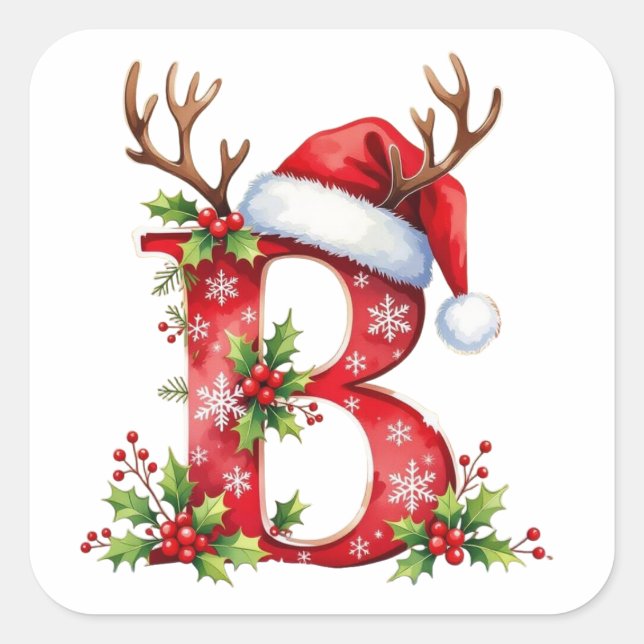 Custom initial monogram B reindeer Santa's hat  Square Sticker (Front)