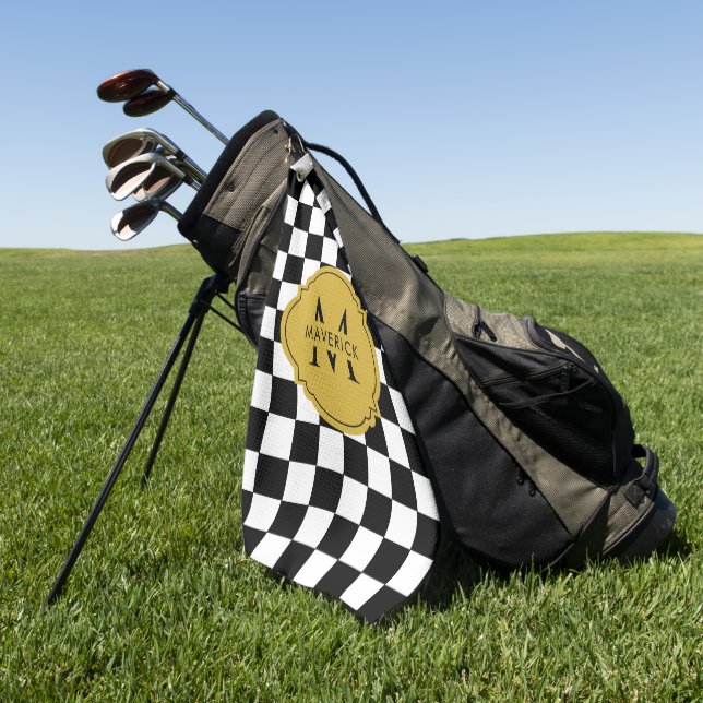 Custom Initial Name and Photo Elegant Grid Pattern Golf Towel (Green)