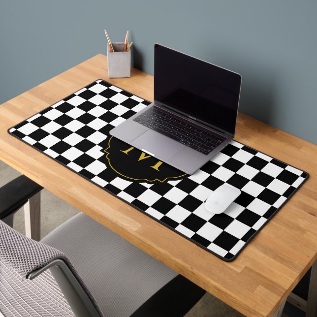 Custom Initial Name Elegant Stylish Grid Pattern Desk Mat (Office 2)