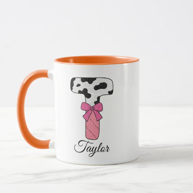 Custom Initial Name Mug | Pink Cow Letter  T (Left)