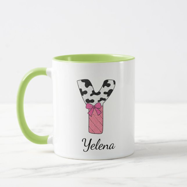 Custom Initial Name Mug | Pink Cow Letter Y (Left)