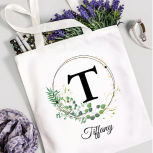 Custom Initial & Name Personalised Monogram Floral Tote Bag