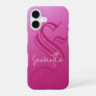 Custom Initial & Name Pink Glitter iPhone 16 Case