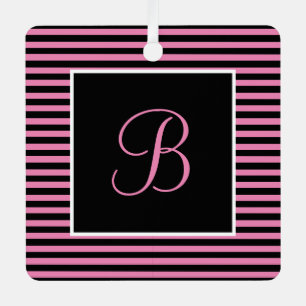Custom Initial Pink and Black Striped Metal Tree Decoration