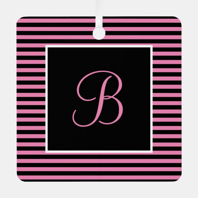 Custom Initial Pink and Black Striped  Metal Tree Decoration (Front)