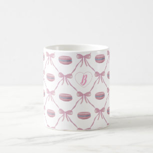 Custom Initial Pink Girly Coquette Bow & Macarons Coffee Mug