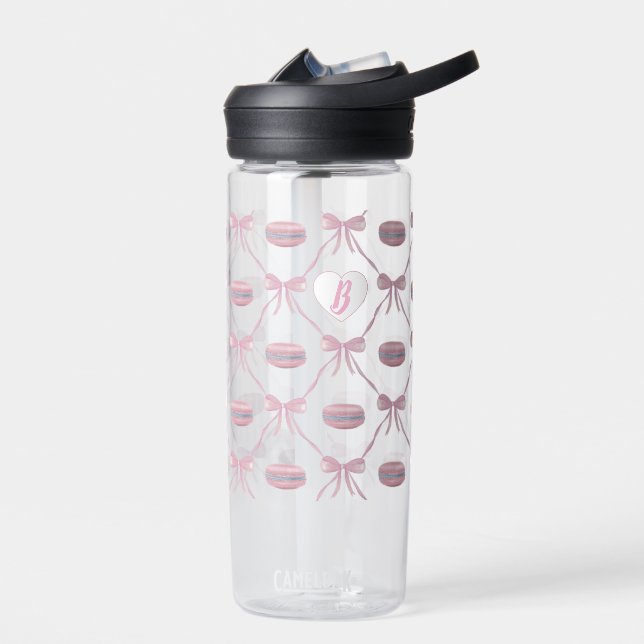 Custom Initial Pink Girly Coquette Bow & Macarons Water Bottle (Left)