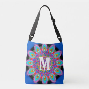 Custom initial psychedelic Cross Body Tote blue