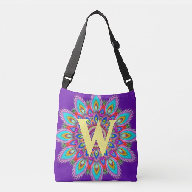 Custom initial psychedelic Cross Body Tote purple (Front)