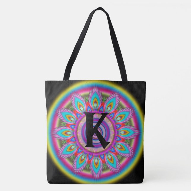 Custom initial psychedelic Large Tote BLACK 2 Bag (Front)