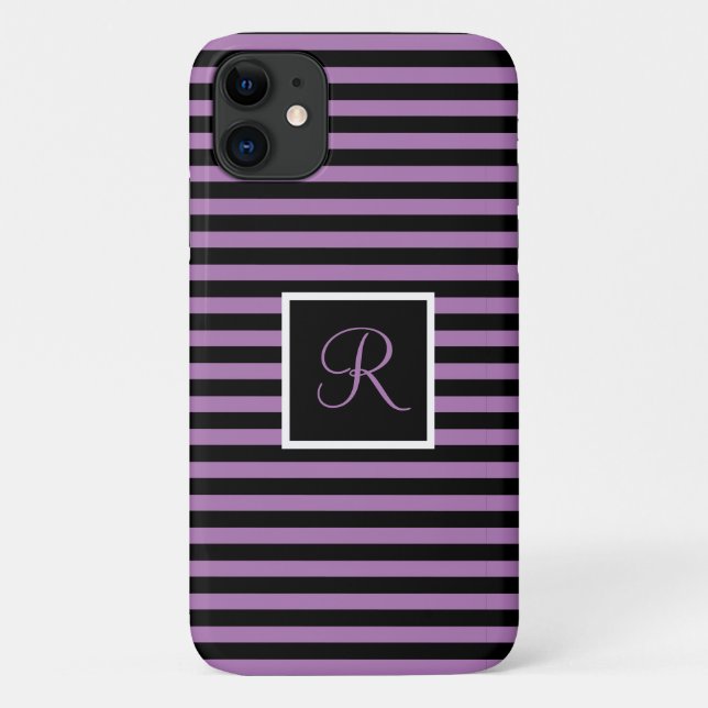 Custom Initial Purple and Black Striped  Case-Mate iPhone Case (Back)