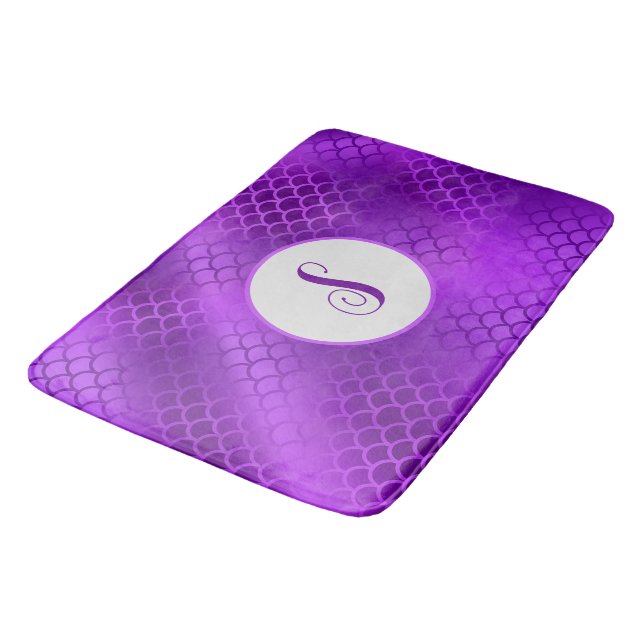 Custom initial purple mermaid scales pattern bath mat (Angled)
