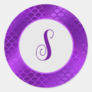 Custom initial purple mermaid scales pattern classic round sticker