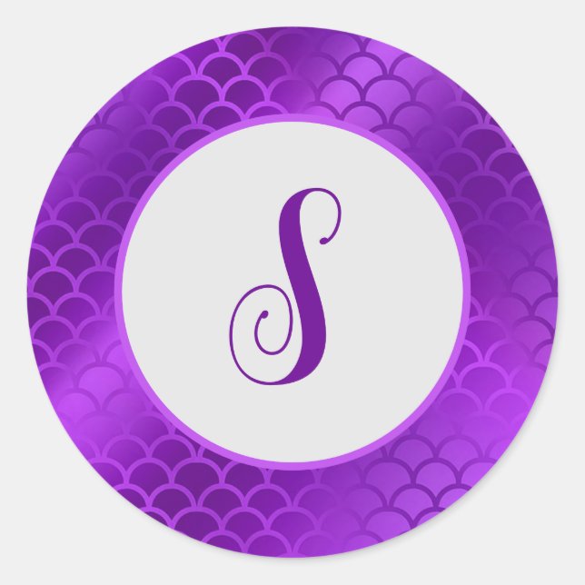 Custom initial purple mermaid scales pattern classic round sticker (Front)