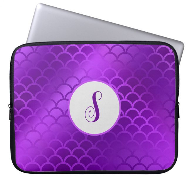 Custom initial purple mermaid scales pattern laptop sleeve (Front)