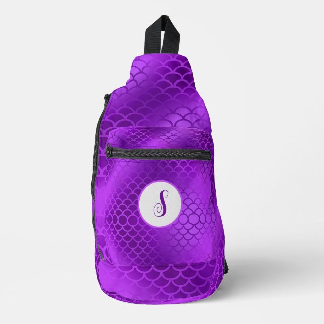 Custom initial purple mermaid scales pattern sling bag (Front)