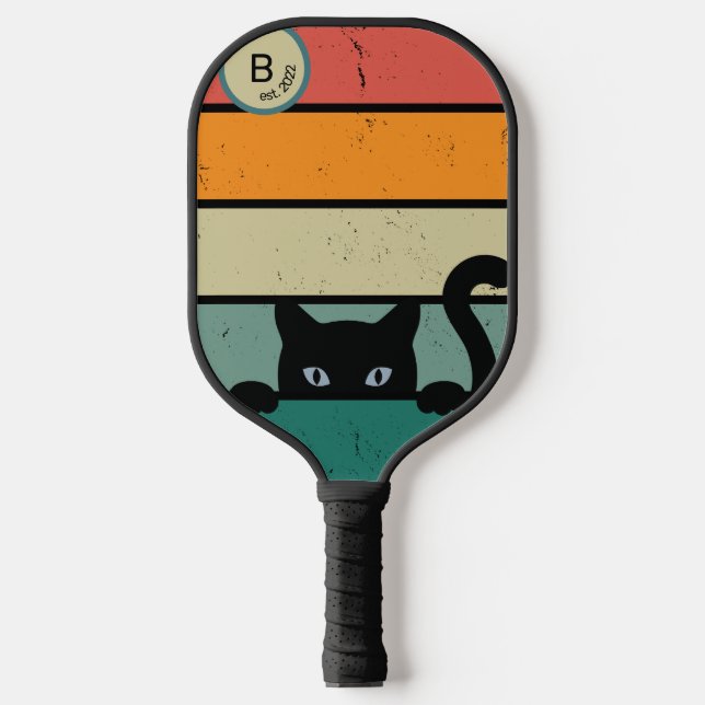 Custom Initial Retro Black Cat Pickleball Paddle (Front)