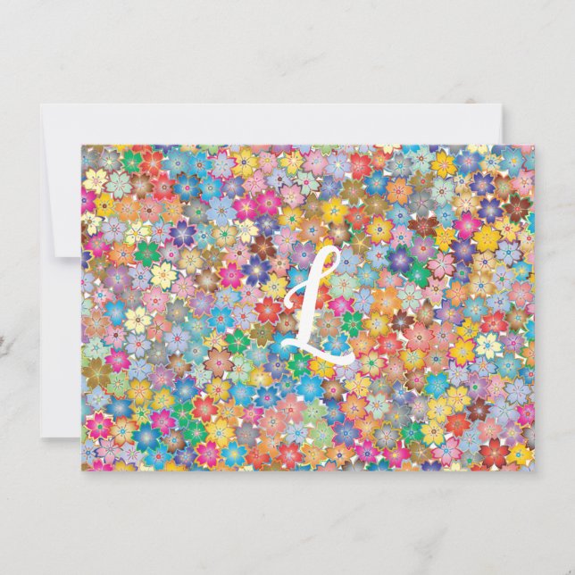Custom Initial Retro Floral Flat Note Card (Front)