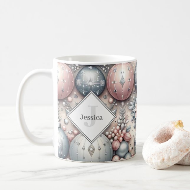 Custom Initial Silver and Pink Christmas Baubles Coffee Mug (With Donut)