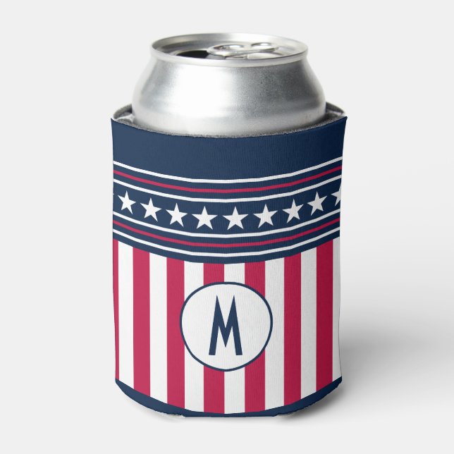 Custom Initial Stars n Stripes Red White Blue Can Cooler (Can Front)