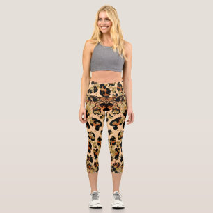Custom Initial Stylish Gold Leopard High Waisted Capri Leggings