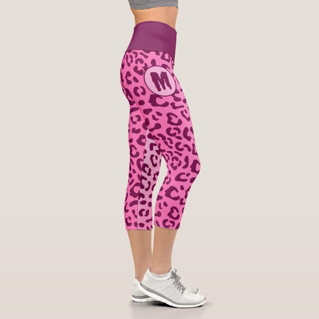 Custom Initial Stylish Pink Leopard Print Capri Leggings (Right)