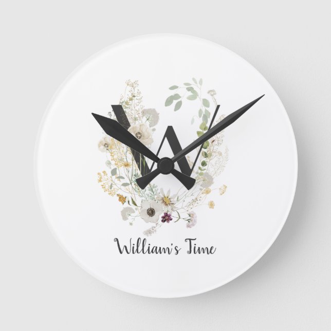Custom Initial W With Soft colour Wild flowers Round Clock (Front)