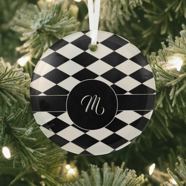 Custom initial white and black diamond pattern glass tree decoration (Insitu)